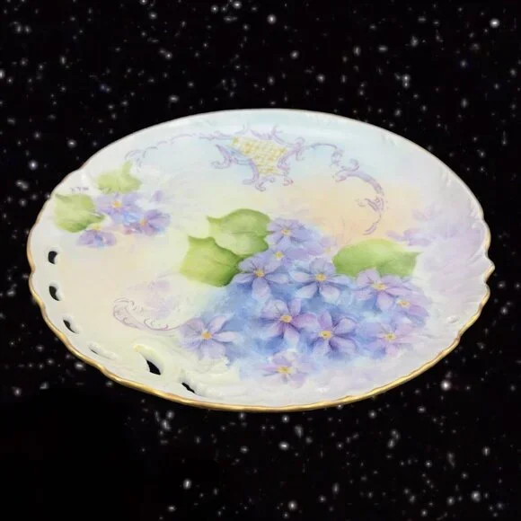 Antique Hand Painted Plate Dish Fine Porcelain Painted Purple Flowers Signed MLN Accents